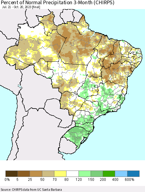 Brazil Percent of Normal Precipitation 3-Month (CHIRPS) Thematic Map For 7/21/2023 - 10/20/2023