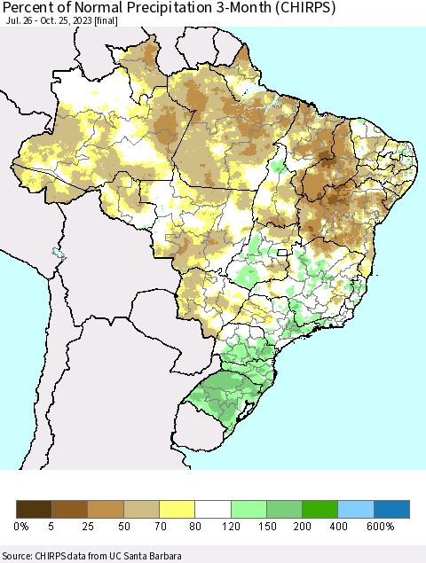 Brazil Percent of Normal Precipitation 3-Month (CHIRPS) Thematic Map For 7/26/2023 - 10/25/2023