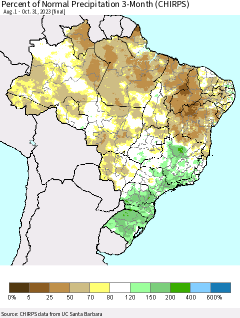 Brazil Percent of Normal Precipitation 3-Month (CHIRPS) Thematic Map For 8/1/2023 - 10/31/2023