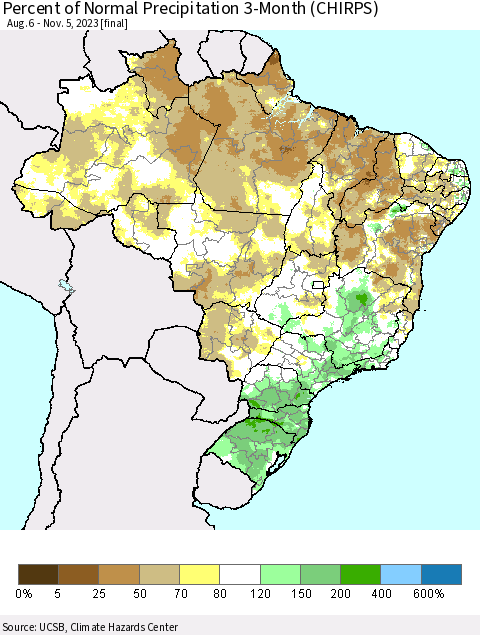 Brazil Percent of Normal Precipitation 3-Month (CHIRPS) Thematic Map For 8/6/2023 - 11/5/2023