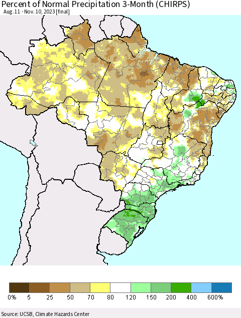 Brazil Percent of Normal Precipitation 3-Month (CHIRPS) Thematic Map For 8/11/2023 - 11/10/2023
