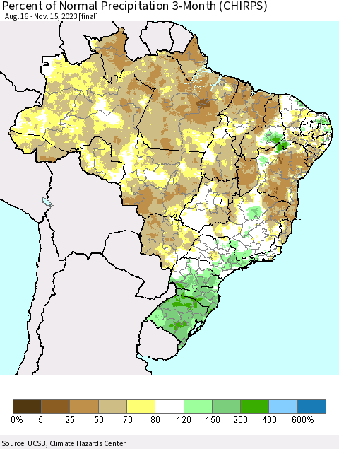 Brazil Percent of Normal Precipitation 3-Month (CHIRPS) Thematic Map For 8/16/2023 - 11/15/2023