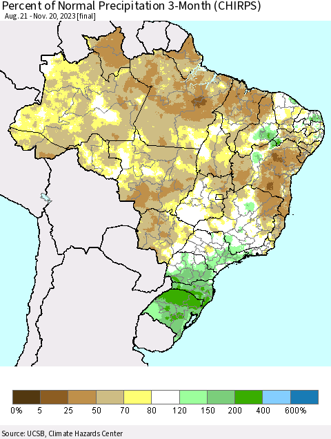 Brazil Percent of Normal Precipitation 3-Month (CHIRPS) Thematic Map For 8/21/2023 - 11/20/2023