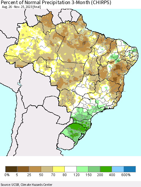Brazil Percent of Normal Precipitation 3-Month (CHIRPS) Thematic Map For 8/26/2023 - 11/25/2023
