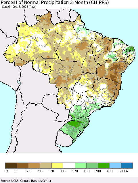 Brazil Percent of Normal Precipitation 3-Month (CHIRPS) Thematic Map For 9/6/2023 - 12/5/2023