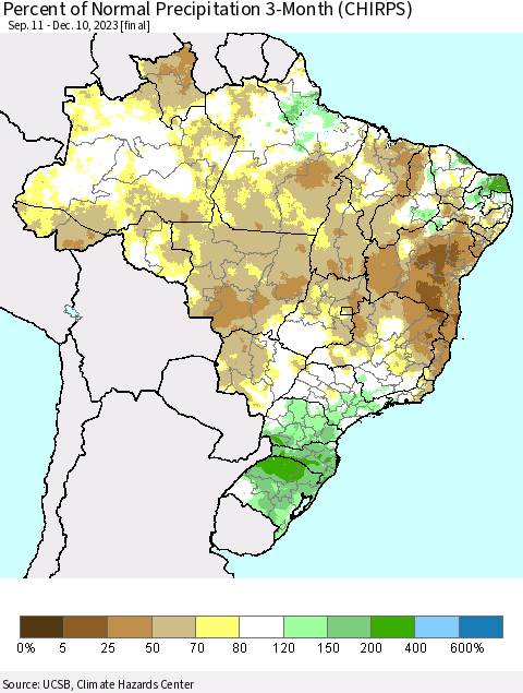 Brazil Percent of Normal Precipitation 3-Month (CHIRPS) Thematic Map For 9/11/2023 - 12/10/2023