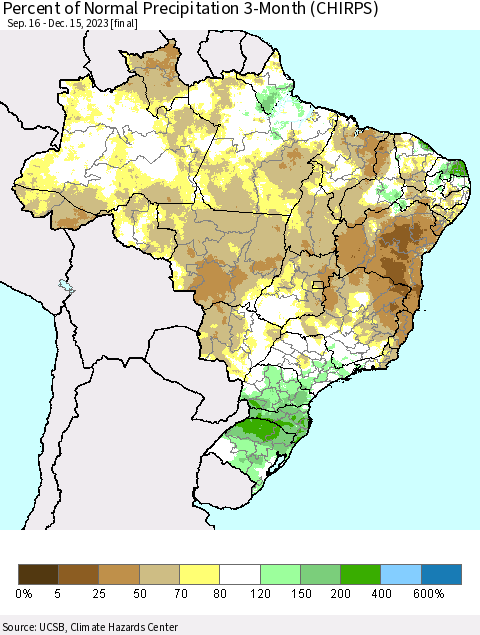 Brazil Percent of Normal Precipitation 3-Month (CHIRPS) Thematic Map For 9/16/2023 - 12/15/2023