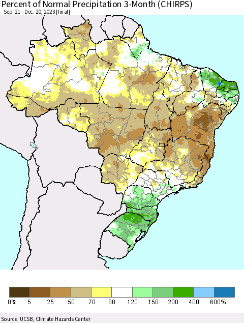 Brazil Percent of Normal Precipitation 3-Month (CHIRPS) Thematic Map For 9/21/2023 - 12/20/2023