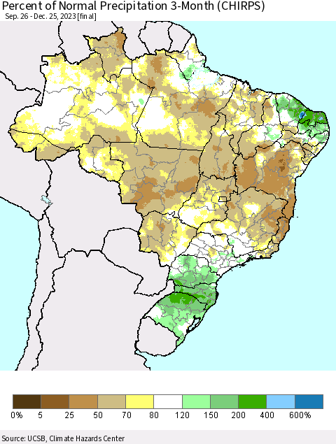 Brazil Percent of Normal Precipitation 3-Month (CHIRPS) Thematic Map For 9/26/2023 - 12/25/2023