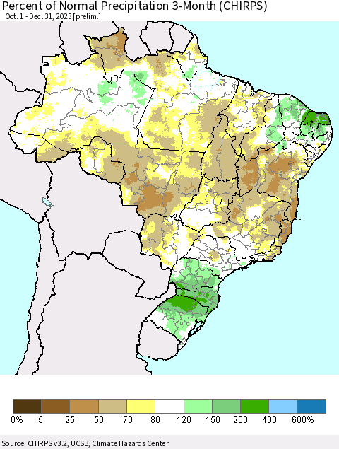 Brazil Percent of Normal Precipitation 3-Month (CHIRPS) Thematic Map For 10/1/2023 - 12/31/2023