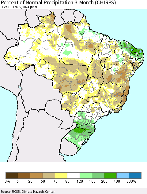 Brazil Percent of Normal Precipitation 3-Month (CHIRPS) Thematic Map For 10/6/2023 - 1/5/2024