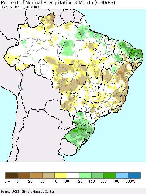 Brazil Percent of Normal Precipitation 3-Month (CHIRPS) Thematic Map For 10/16/2023 - 1/15/2024
