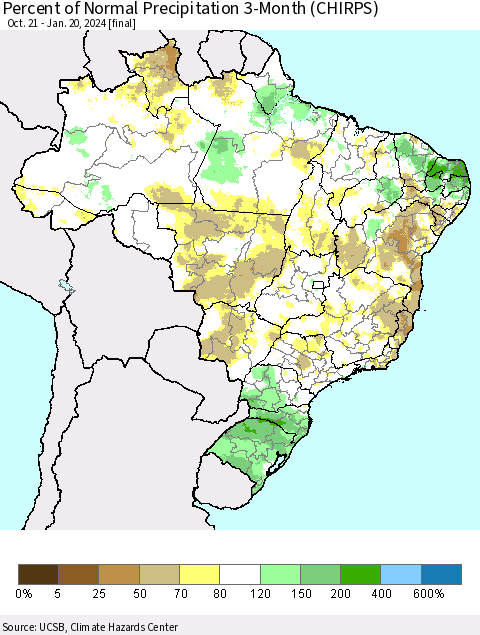 Brazil Percent of Normal Precipitation 3-Month (CHIRPS) Thematic Map For 10/21/2023 - 1/20/2024