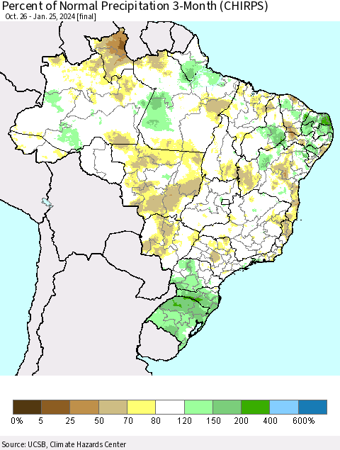 Brazil Percent of Normal Precipitation 3-Month (CHIRPS) Thematic Map For 10/26/2023 - 1/25/2024