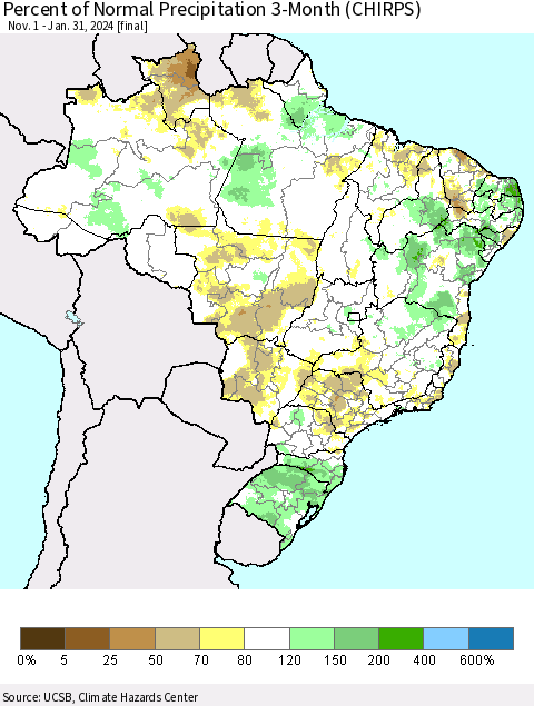 Brazil Percent of Normal Precipitation 3-Month (CHIRPS) Thematic Map For 11/1/2023 - 1/31/2024