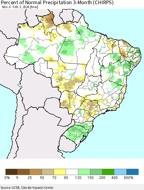 Brazil Percent of Normal Precipitation 3-Month (CHIRPS) Thematic Map For 11/6/2023 - 2/5/2024