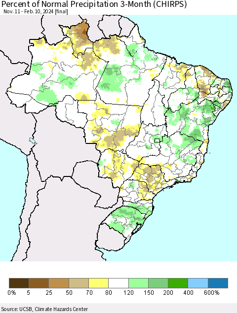 Brazil Percent of Normal Precipitation 3-Month (CHIRPS) Thematic Map For 11/11/2023 - 2/10/2024