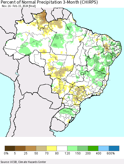 Brazil Percent of Normal Precipitation 3-Month (CHIRPS) Thematic Map For 11/16/2023 - 2/15/2024