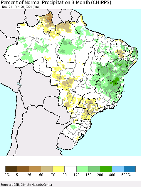 Brazil Percent of Normal Precipitation 3-Month (CHIRPS) Thematic Map For 11/21/2023 - 2/20/2024