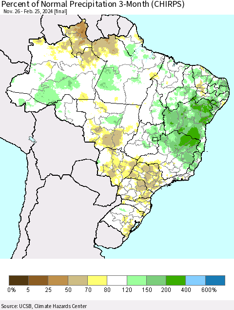 Brazil Percent of Normal Precipitation 3-Month (CHIRPS) Thematic Map For 11/26/2023 - 2/25/2024
