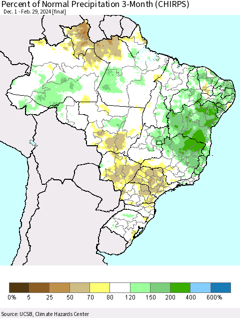 Brazil Percent of Normal Precipitation 3-Month (CHIRPS) Thematic Map For 12/1/2023 - 2/29/2024