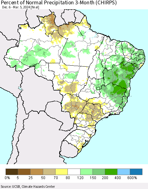 Brazil Percent of Normal Precipitation 3-Month (CHIRPS) Thematic Map For 12/6/2023 - 3/5/2024