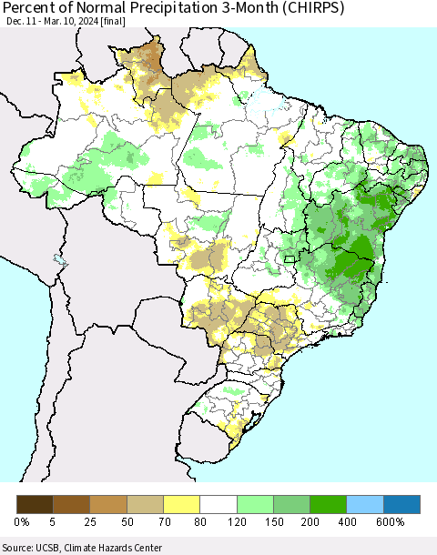 Brazil Percent of Normal Precipitation 3-Month (CHIRPS) Thematic Map For 12/11/2023 - 3/10/2024