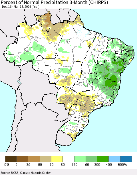 Brazil Percent of Normal Precipitation 3-Month (CHIRPS) Thematic Map For 12/16/2023 - 3/15/2024