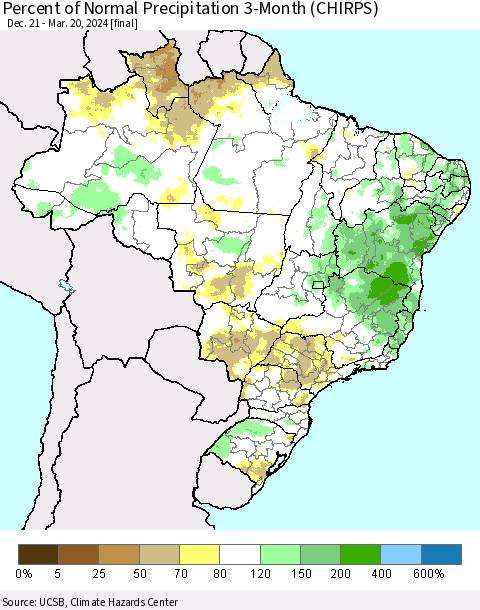 Brazil Percent of Normal Precipitation 3-Month (CHIRPS) Thematic Map For 12/21/2023 - 3/20/2024