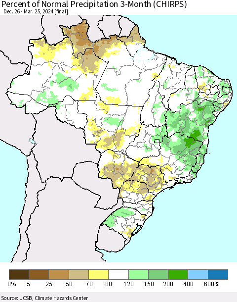 Brazil Percent of Normal Precipitation 3-Month (CHIRPS) Thematic Map For 12/26/2023 - 3/25/2024
