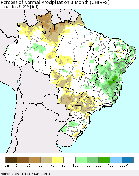 Brazil Percent of Normal Precipitation 3-Month (CHIRPS) Thematic Map For 1/1/2024 - 3/31/2024