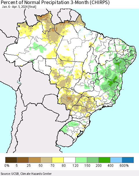 Brazil Percent of Normal Precipitation 3-Month (CHIRPS) Thematic Map For 1/6/2024 - 4/5/2024