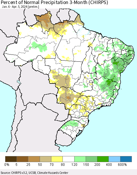 Brazil Percent of Normal Precipitation 3-Month (CHIRPS) Thematic Map For 1/6/2024 - 4/5/2024