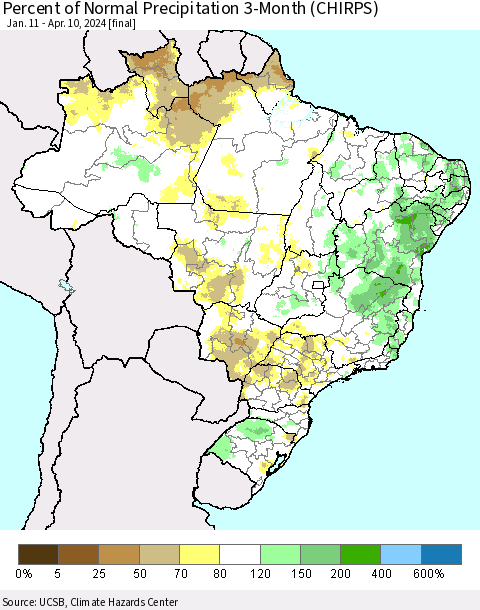 Brazil Percent of Normal Precipitation 3-Month (CHIRPS) Thematic Map For 1/11/2024 - 4/10/2024