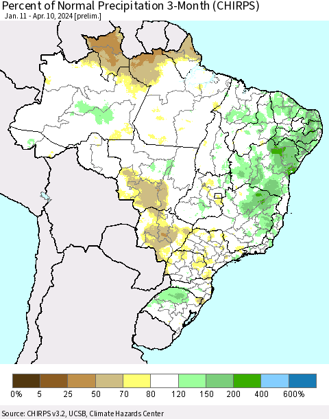 Brazil Percent of Normal Precipitation 3-Month (CHIRPS) Thematic Map For 1/11/2024 - 4/10/2024