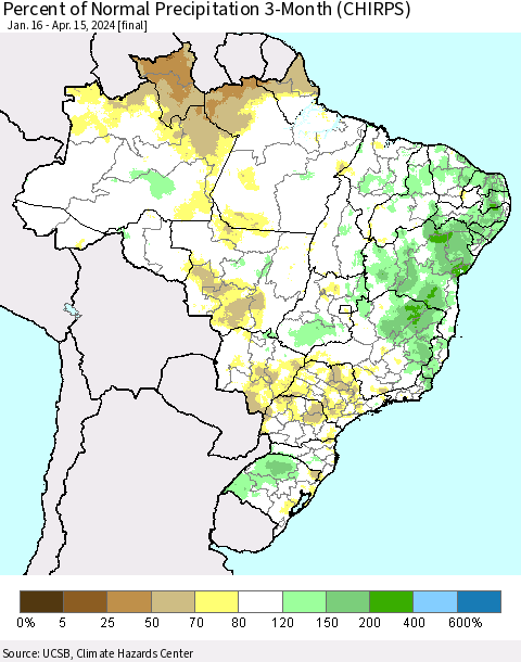 Brazil Percent of Normal Precipitation 3-Month (CHIRPS) Thematic Map For 1/16/2024 - 4/15/2024