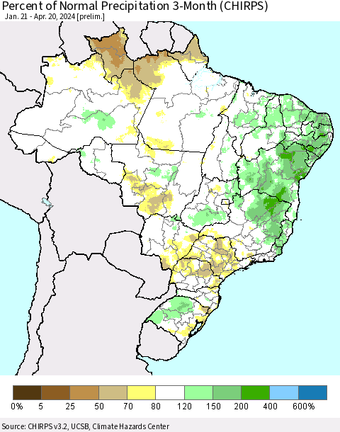Brazil Percent of Normal Precipitation 3-Month (CHIRPS) Thematic Map For 1/21/2024 - 4/20/2024