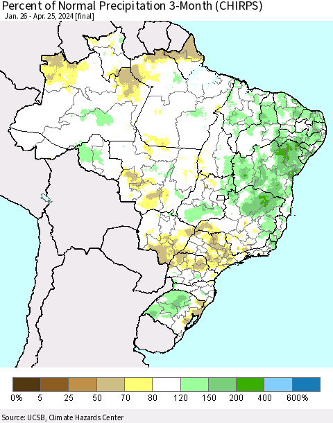 Brazil Percent of Normal Precipitation 3-Month (CHIRPS) Thematic Map For 1/26/2024 - 4/25/2024