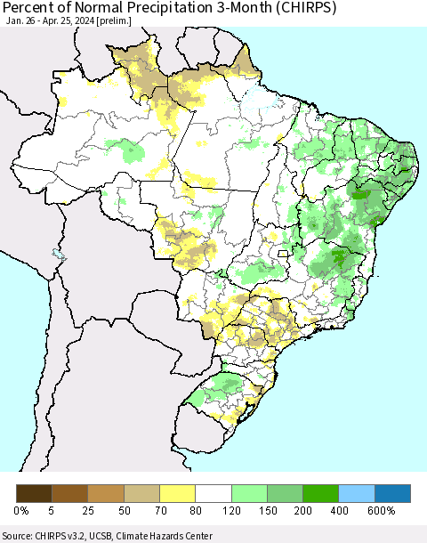 Brazil Percent of Normal Precipitation 3-Month (CHIRPS) Thematic Map For 1/26/2024 - 4/25/2024
