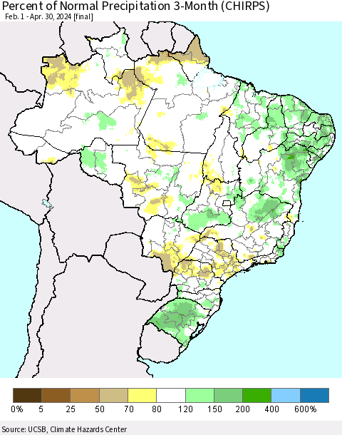 Brazil Percent of Normal Precipitation 3-Month (CHIRPS) Thematic Map For 2/1/2024 - 4/30/2024
