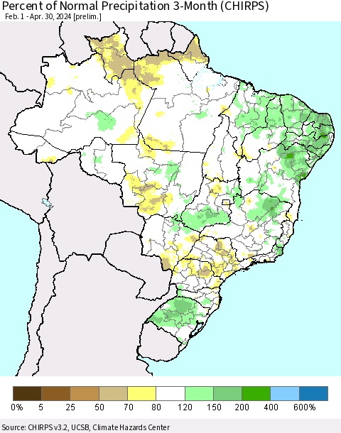 Brazil Percent of Normal Precipitation 3-Month (CHIRPS) Thematic Map For 2/1/2024 - 4/30/2024