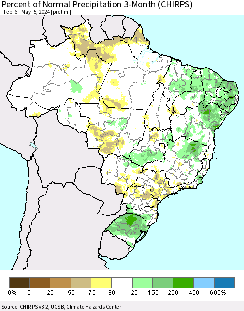 Brazil Percent of Normal Precipitation 3-Month (CHIRPS) Thematic Map For 2/6/2024 - 5/5/2024