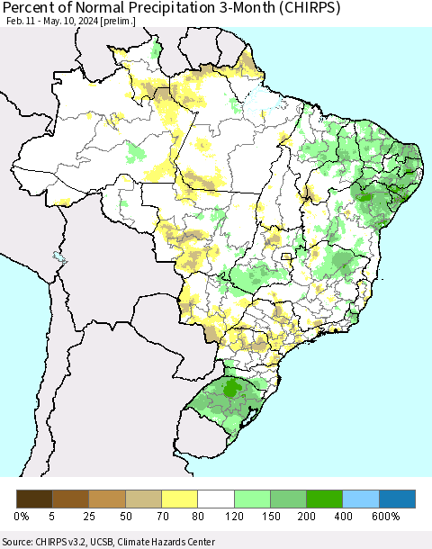 Brazil Percent of Normal Precipitation 3-Month (CHIRPS) Thematic Map For 2/11/2024 - 5/10/2024