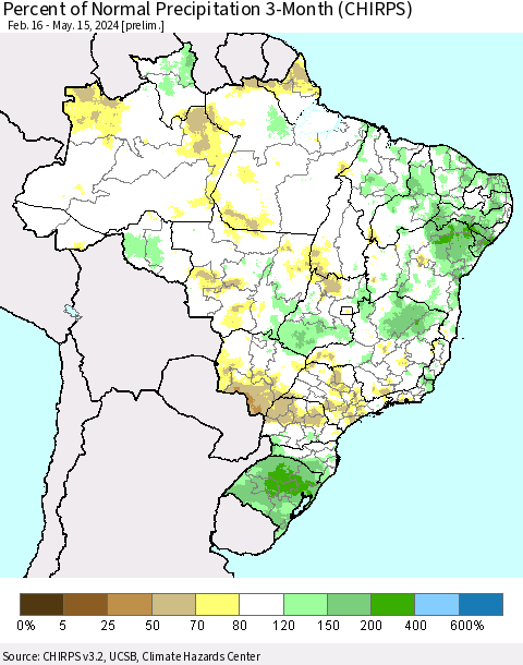Brazil Percent of Normal Precipitation 3-Month (CHIRPS) Thematic Map For 2/16/2024 - 5/15/2024