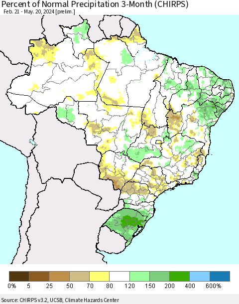 Brazil Percent of Normal Precipitation 3-Month (CHIRPS) Thematic Map For 2/21/2024 - 5/20/2024