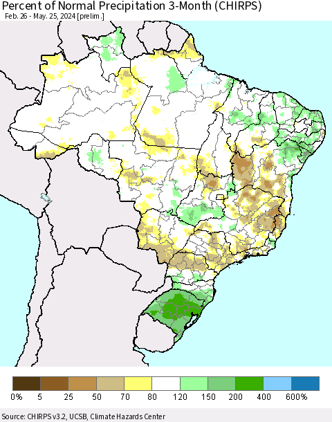 Brazil Percent of Normal Precipitation 3-Month (CHIRPS) Thematic Map For 2/26/2024 - 5/25/2024