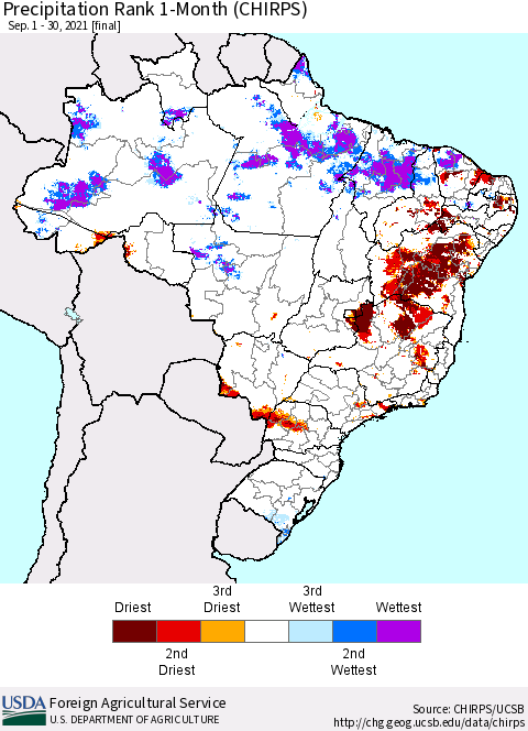 Brazil Precipitation Rank since 1981, 1-Month (CHIRPS) Thematic Map For 9/1/2021 - 9/30/2021