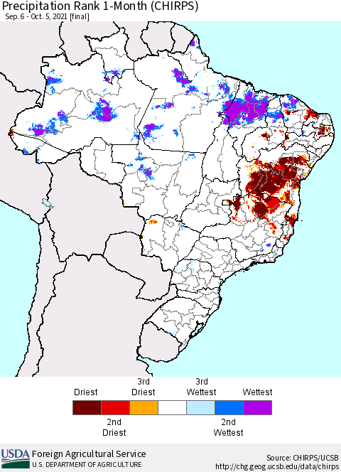 Brazil Precipitation Rank since 1981, 1-Month (CHIRPS) Thematic Map For 9/6/2021 - 10/5/2021