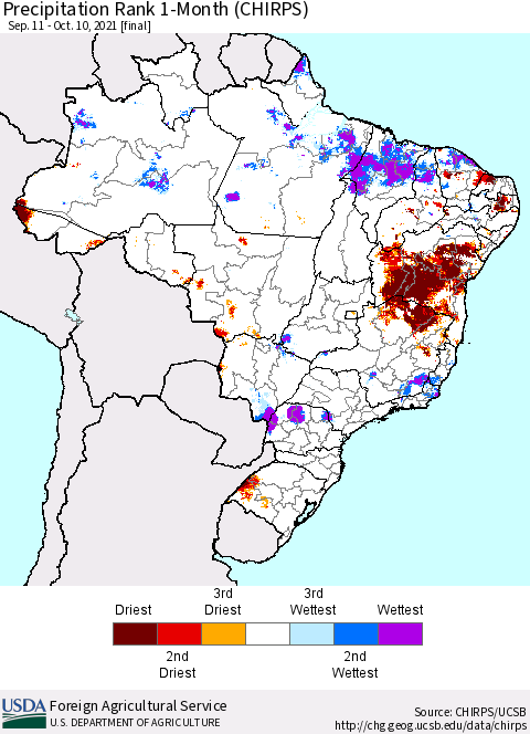 Brazil Precipitation Rank since 1981, 1-Month (CHIRPS) Thematic Map For 9/11/2021 - 10/10/2021