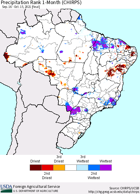 Brazil Precipitation Rank since 1981, 1-Month (CHIRPS) Thematic Map For 9/16/2021 - 10/15/2021